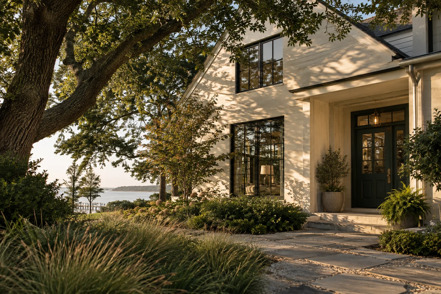 Illustrative home beneath a mature oak, with a stone path leading to a welcoming front door