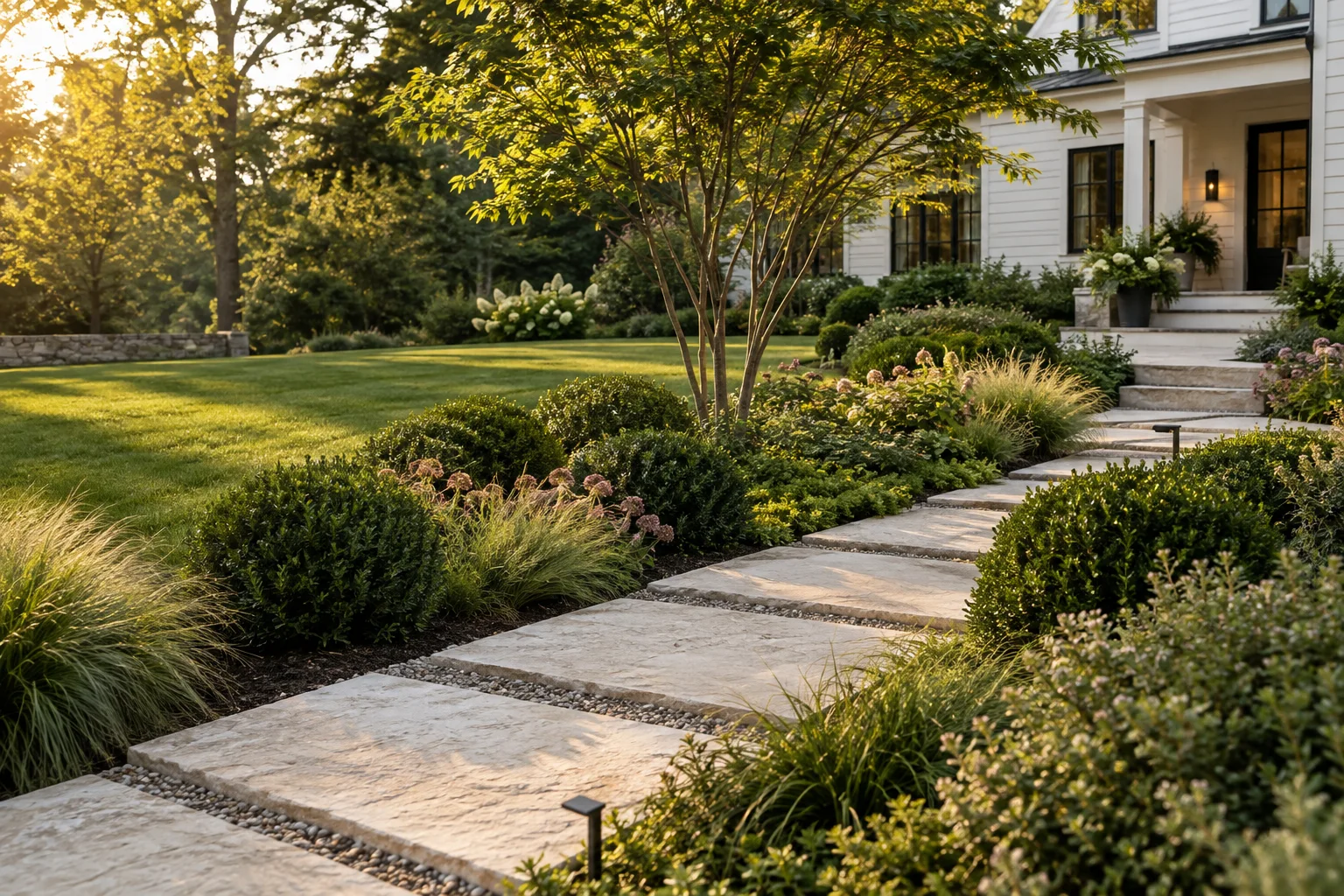 Design image of a stone path winding through a planted garden toward a white home